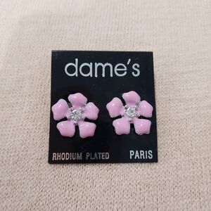 Dame's Pink Enamel Flower Clip On Earrings Rhodium Plated